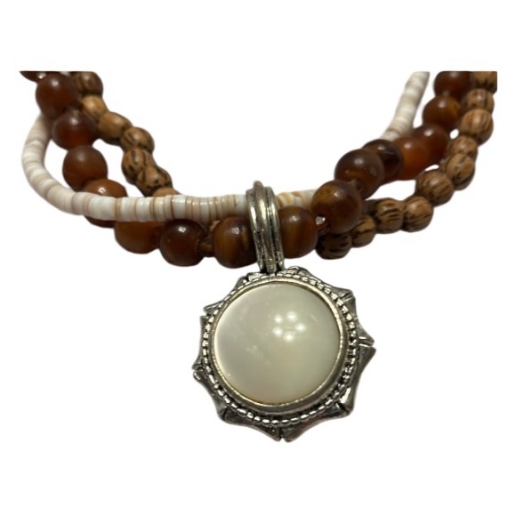 RJ Graziano MOP Pendant Necklace with 3 Strand Beaded Chains. Pre Owned. - Picture 2 of 6